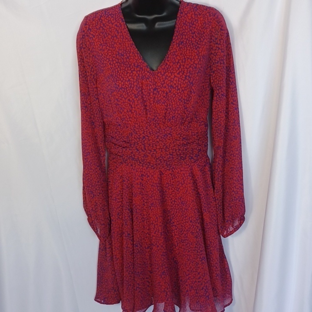 NWT: Covington | Blue & Red Vneck Dress,  side zip, light, flowy